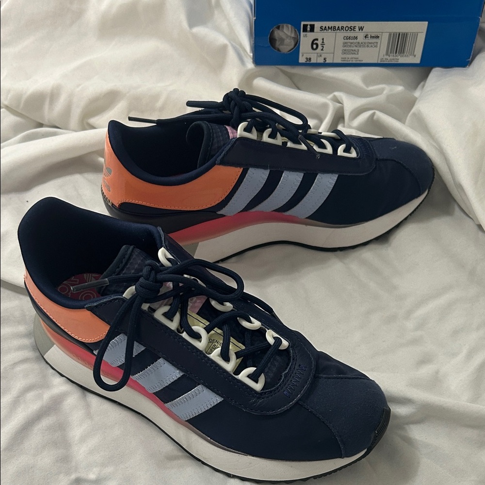 Adidas Dark Blue and Coral Sneakers (Sambarose) size 6.5